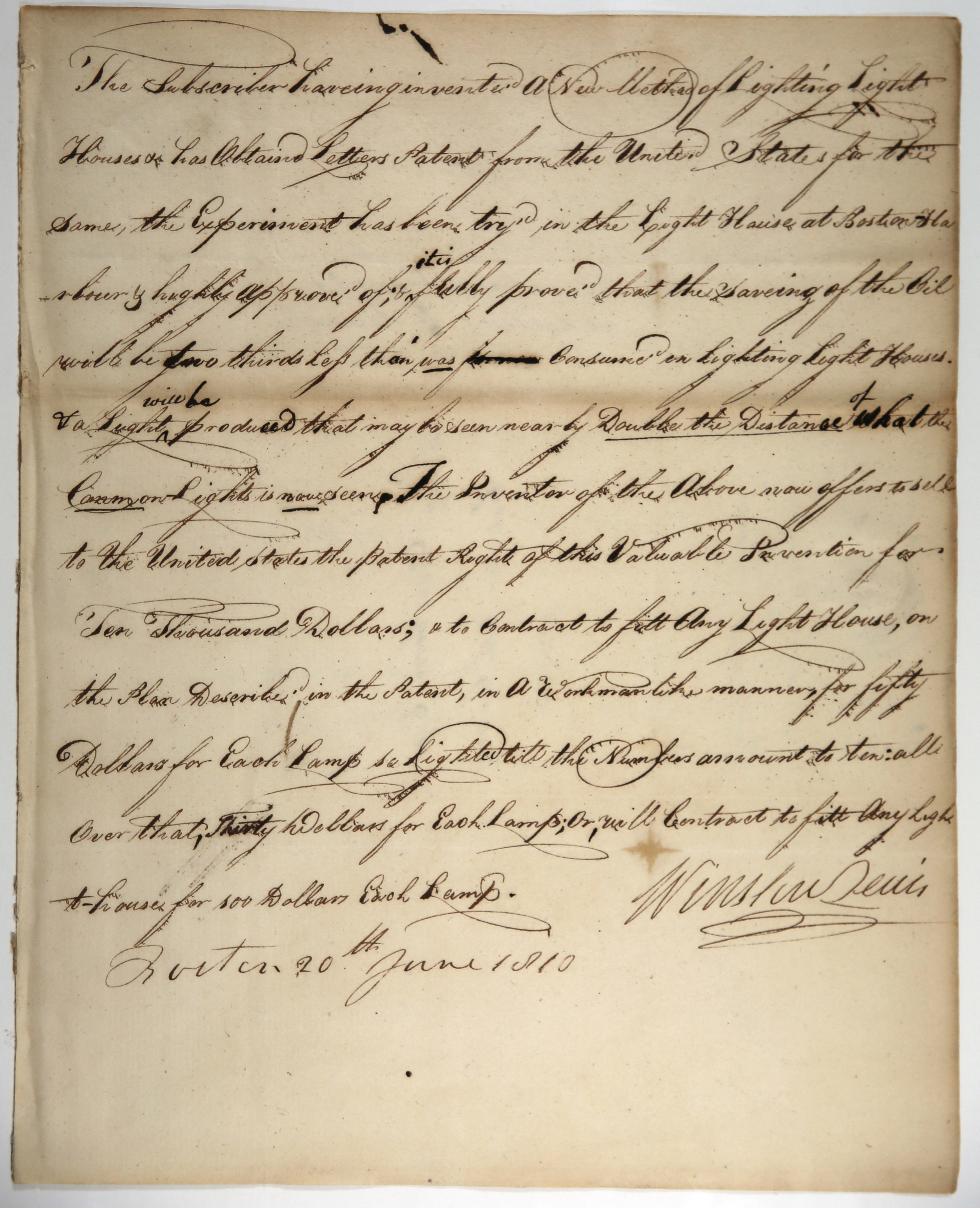 Image of letter by Winslow Lewis to Henry Dearborn, June 20, 1810.