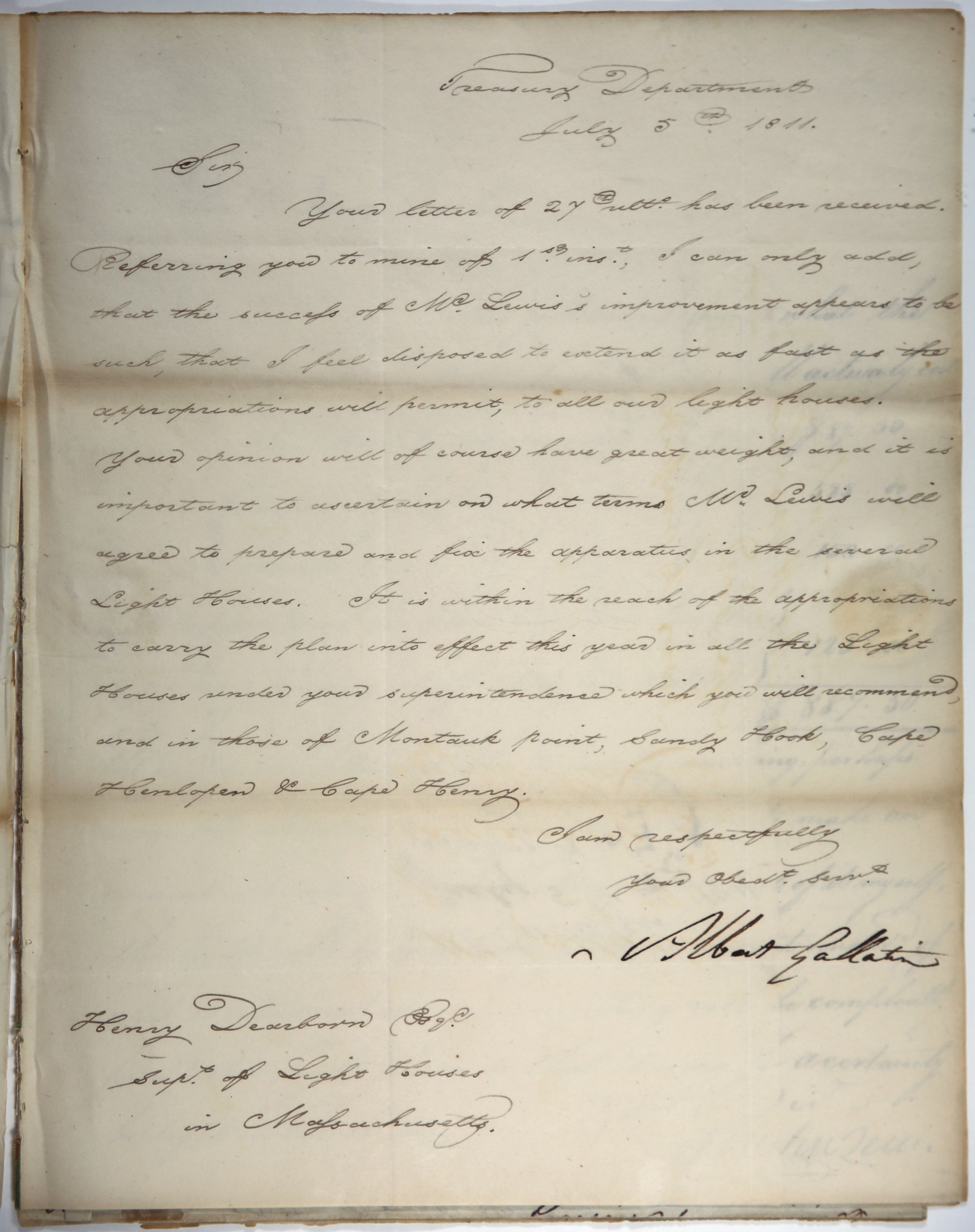 Image of letter: Albert Gallatin to Henry Dearborn, July 5, 1811, lauding the “success of Mr. Lewis’s improvement”