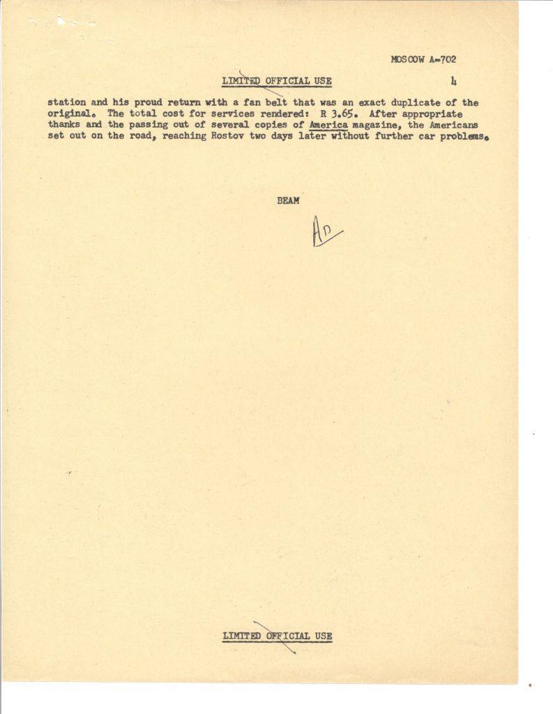 Airgram from American Embassy Moscow, report on performance of the 1972 Chevrolet