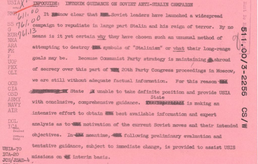 word received that Soviet leaders are starting to repudiate Stalin, department does not know why