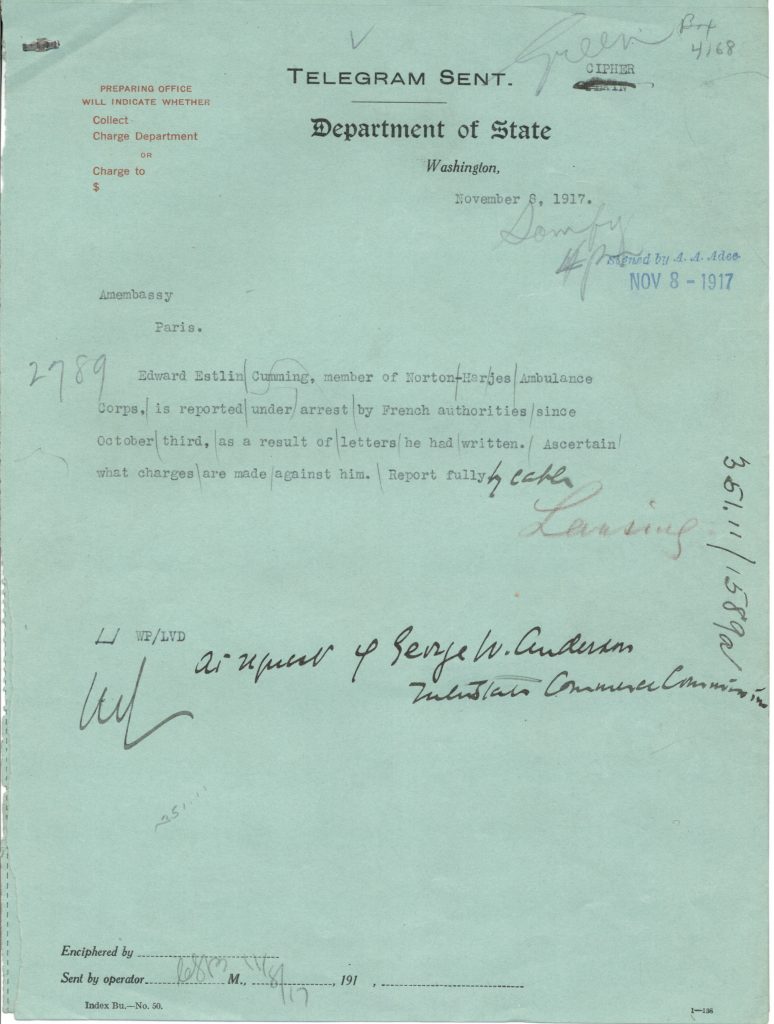 telegram reporting the arrest of EE Cummings on Oct 3, 1917 for letters he wrote