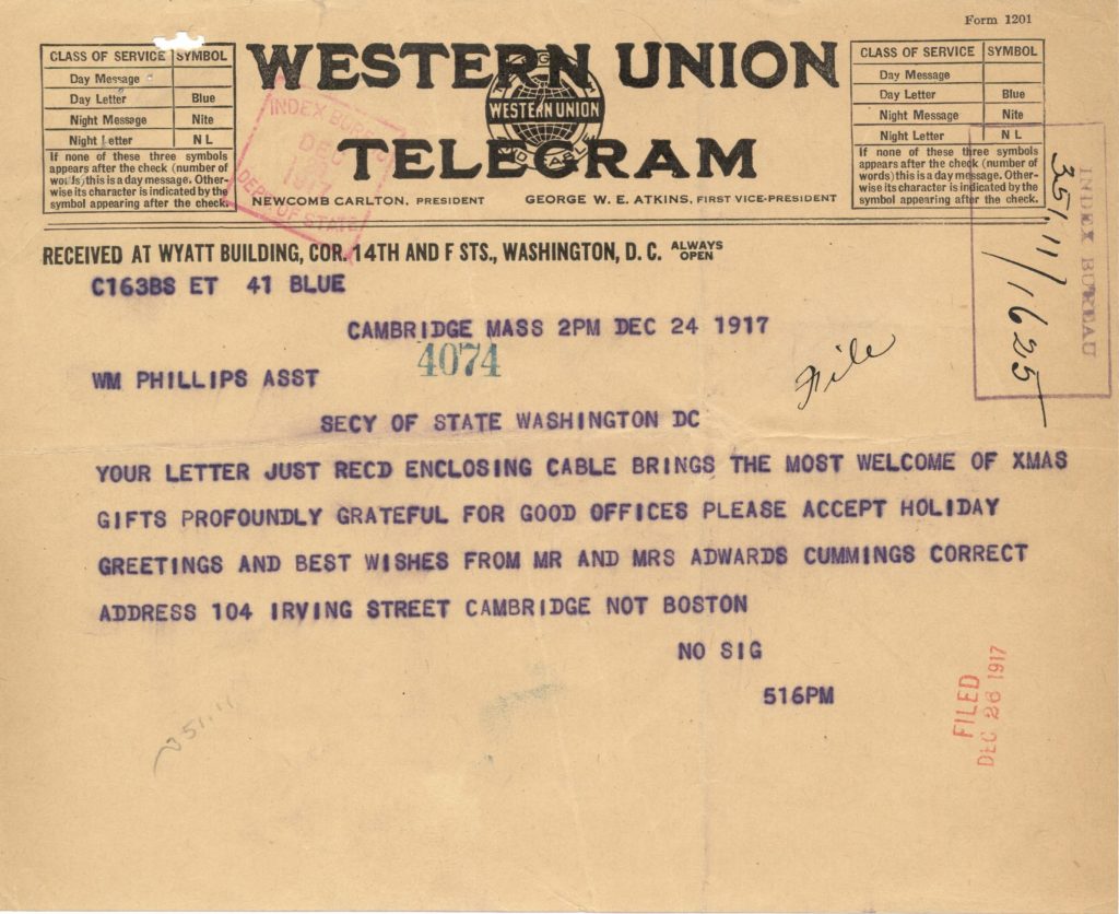 EE Cummings father welcomes news from the Embassy, wishes holiday greetings