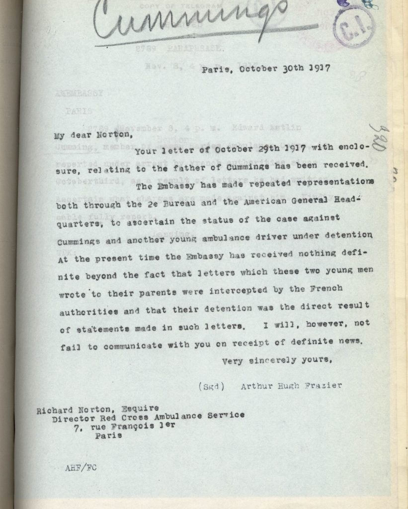 letter stating Cummings and another person were detained for statements found in their letters written to their parents