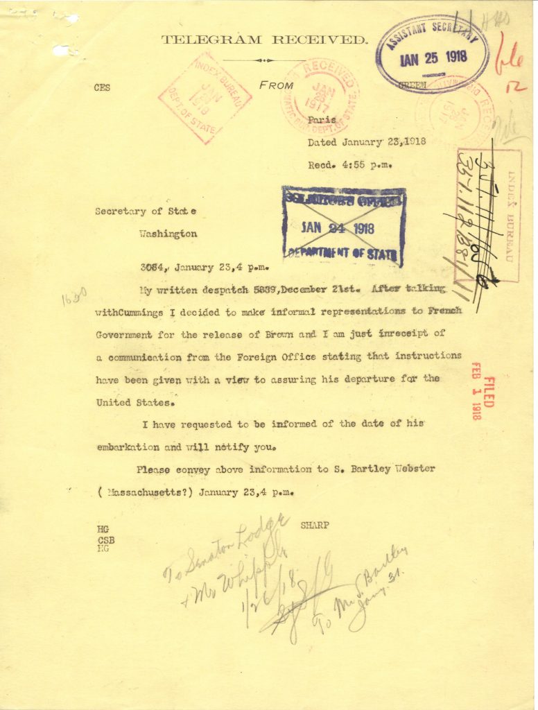 telegram informing of the release and return to US of William Slater Brown