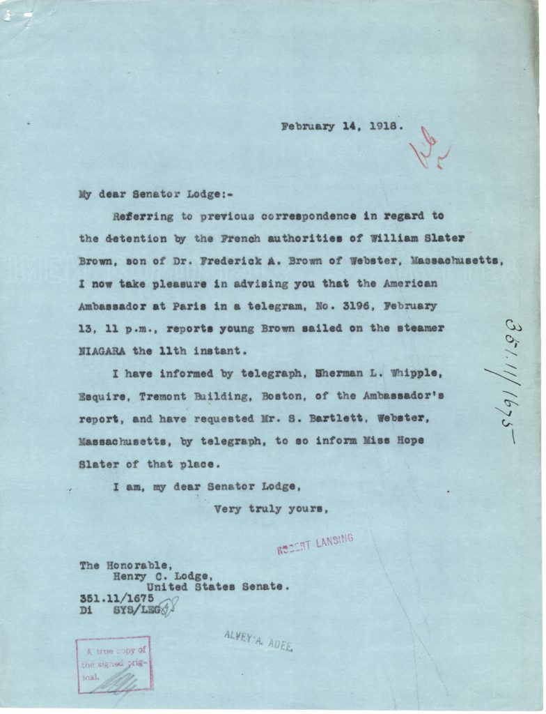 reports Brown sailed to the US on the steamer Niagara on Feb 11