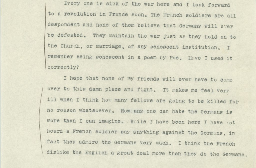 paragraphs of Slater Brown saying he looks forward to a revolution in France, reporting low morale of French soldiers, showing no support in American troops fighting the war
