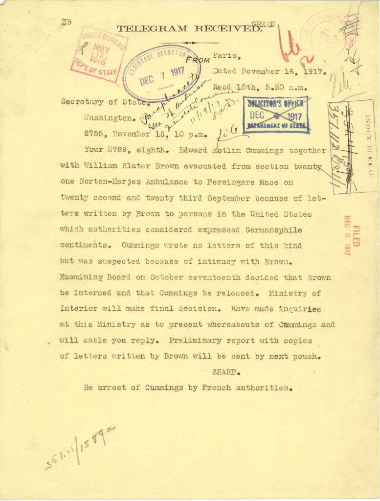 reporting Cummings and Brown were detained for writing letters that expressed Germanophile sentiments, Cummings was released but Brown remained